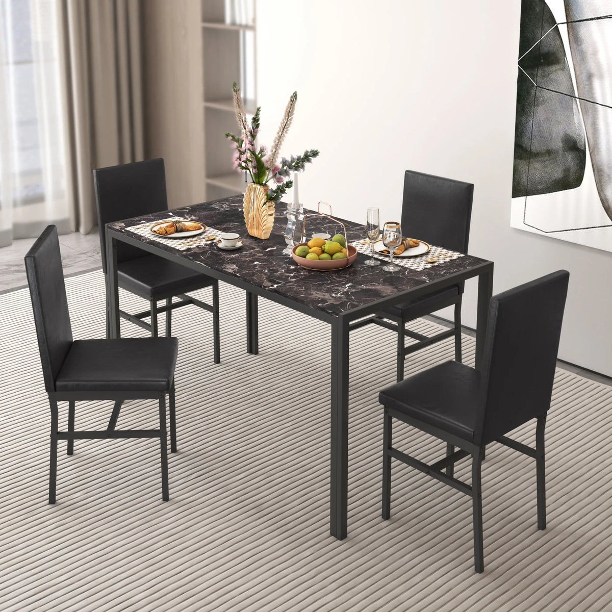 5 Piece Dining Set, Modern Dining Table and Chairs Set for 4, Counter Height Bar Table Set, Modern Pub Table with 4 Velvet Fabric Cushioned Stools, Faux Marble Dining Table & Stools Set, D9297