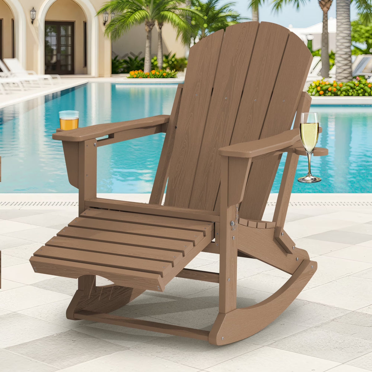 KINGYES Folding Adirondack Rocker Chair Set of 2 W/ Footrest & Dual Cup Holders, HDPE Outdoor Patio Rocking Chair, Black