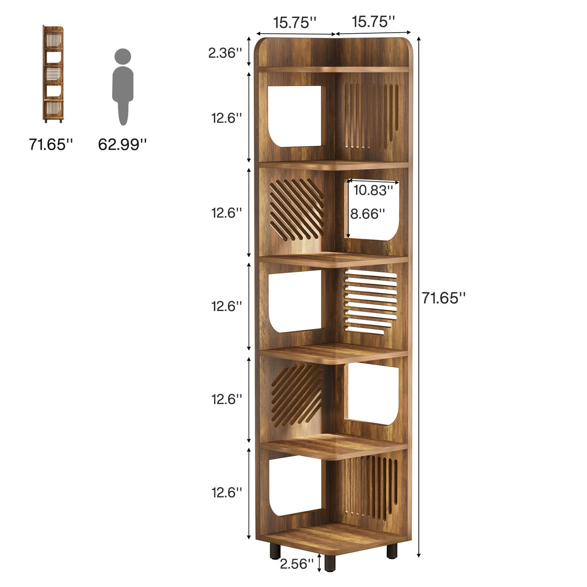 Fnova 71" 6-Tier Tall Corner Bookshelf, Rustic Wooden Narrow Corner Bookcase with Artistic Square Rack, Freestanding Display Storage Shelf for Space-Saving Home Organizing