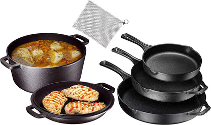 Bruntmor Pre-Seasoned Cast Iron Cookware Set - 8-Piece Bundle with Skillets, Grill Pan, Dutch Oven, Pizza Pan, and Utensils - Durable Pots and Pans Set for Cooking - Ideal Gift for Home or Camping