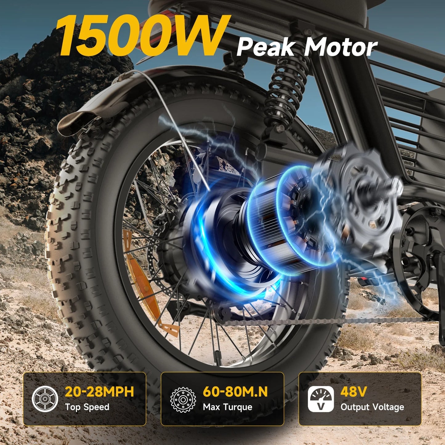 1500W Peak Electric Bike for Adults, 20" Fat Tire E-Bike, 48V 15Ah Battery, 7-Speed E-Mountain Bike with Storage Rack, UL2849