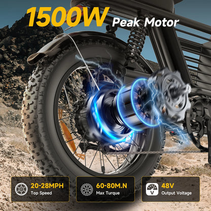 1500W Peak Electric Bike for Adults, 20" Fat Tire E-Bike, 48V 15Ah Battery, 7-Speed E-Mountain Bike with Storage Rack, UL2849