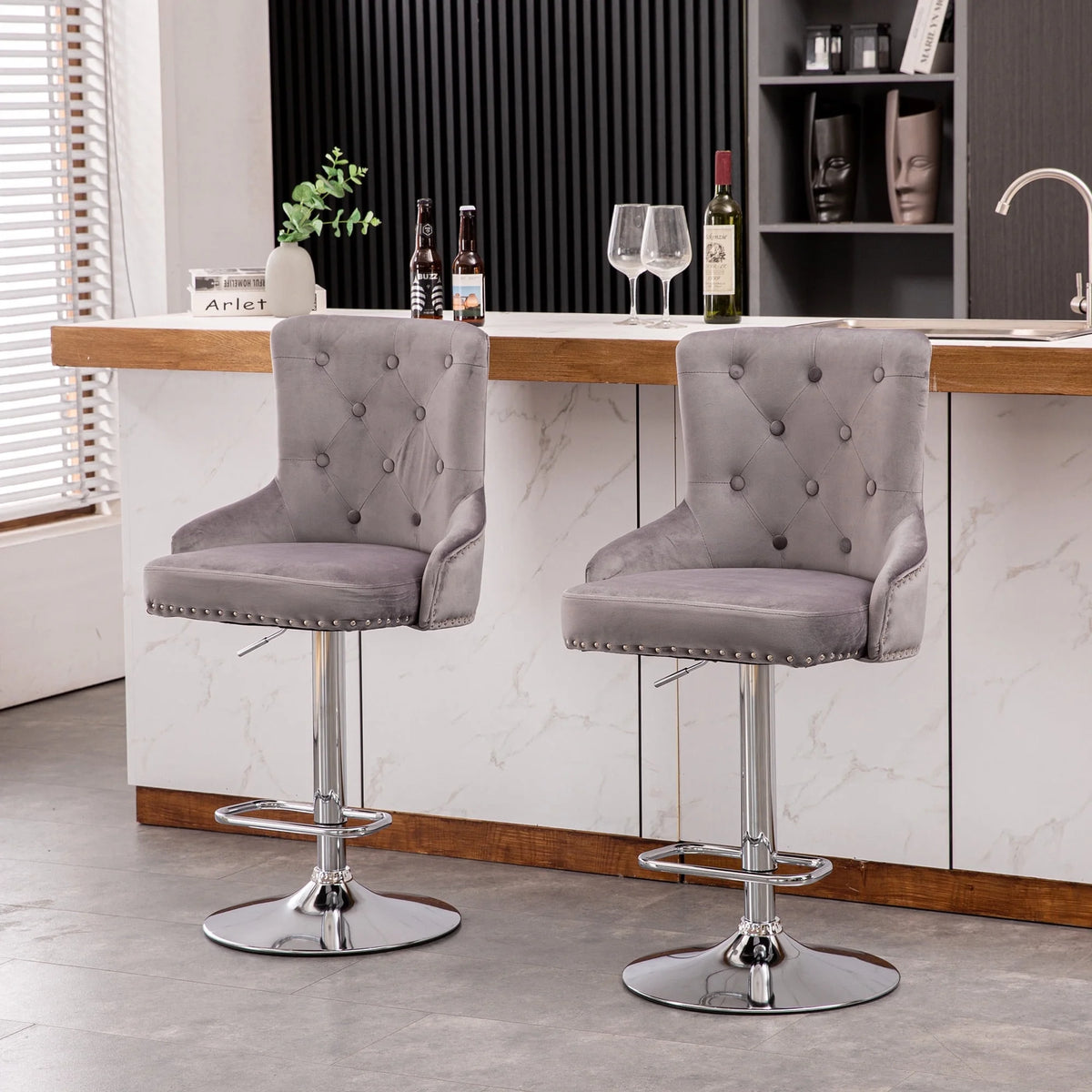 Alexent  2PCS Swivel Bar Stools, High Back, Button Tufted, Silver Footrest and Nailhead Trim Swivel Bar Chairs for Kitchen, Bar Velvet Upholstered Bar Stools, Dark Blue