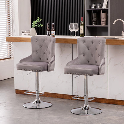 Alexent  2PCS Swivel Bar Stools, High Back, Button Tufted, Silver Footrest and Nailhead Trim Swivel Bar Chairs for Kitchen, Bar Velvet Upholstered Bar Stools, Dark Blue