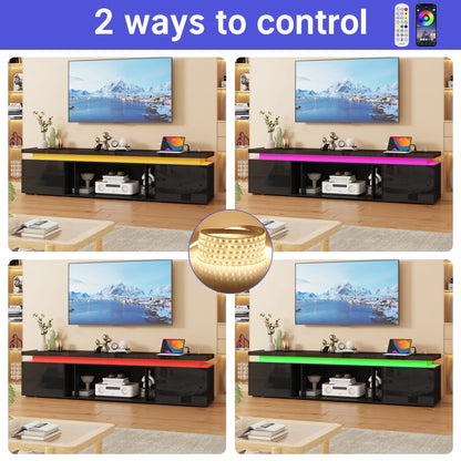 Blotout High Gloss LED TV Stand for up to 80" TVs /40" Electric Fireplace, 71" Large Entertainment Center Console Table with Power Charging Station
