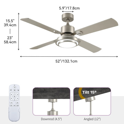Dextrus 52'' Ceiling Fan with Light and Remote Control, 6 Speeds, 5 Timer Settings, and Dual-Finish Blades (Nickel)