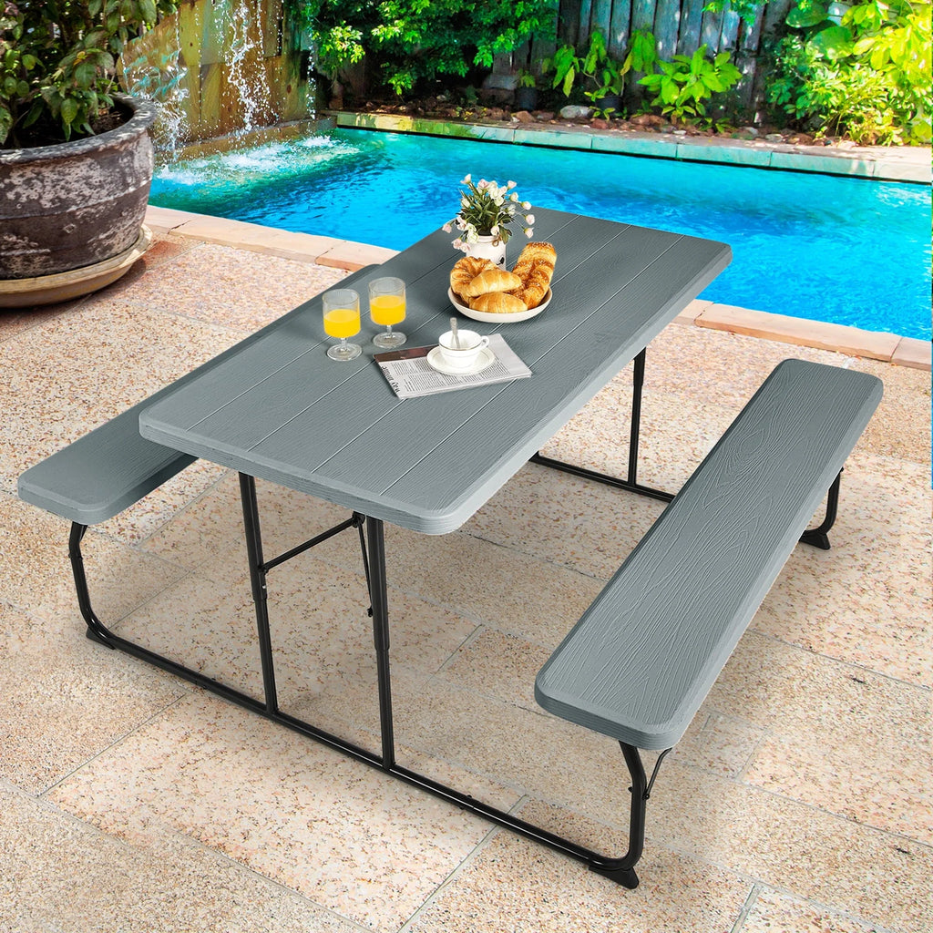 Gymax Folding Picnic Table & Bench Set for Camping BBQ w/ Steel Frame Grey