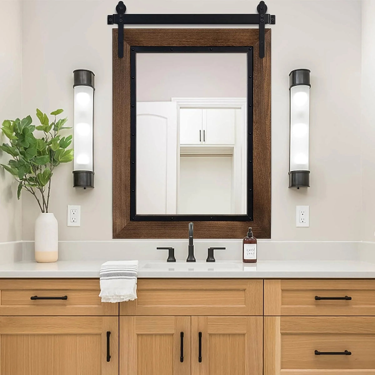 COSMOGO Farmhouse Barn Door Style Natural Wood Bathroom Vanity Wall Mirror 24"x32"