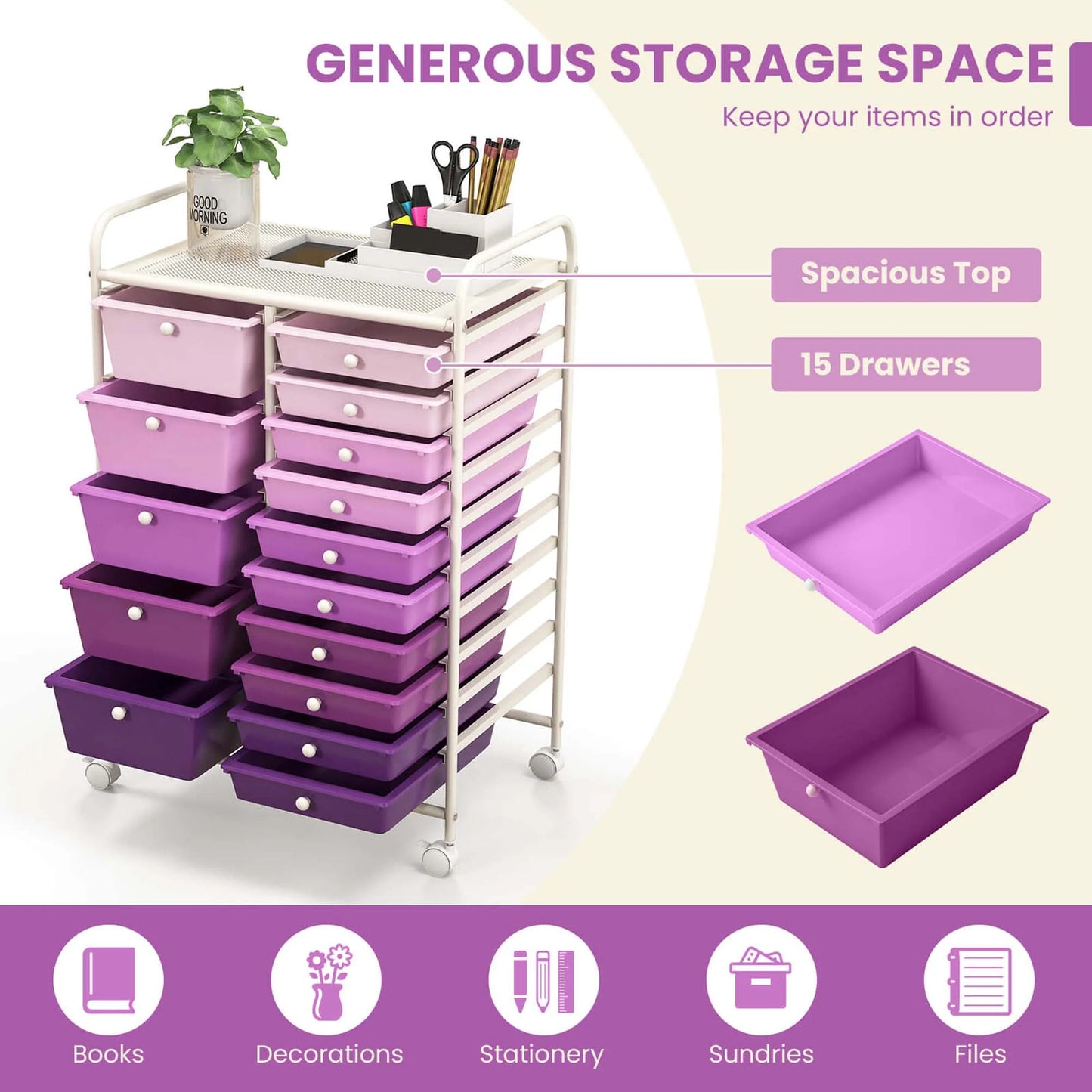 Costway 15 Drawer Rolling Storage Cart Tools Scrapbook Paper Office School Organizer White