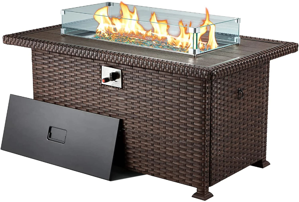 HOMREST Propane Fire Pit Table, 44 Inch 50,000 BTU Auto-Ignition Gas Fire Pit Table Rectangular /w Glass Wind Guard, Wood Plastic Composites Tabletop, CSA Certification Firepit for Outdoor Patio Lawn