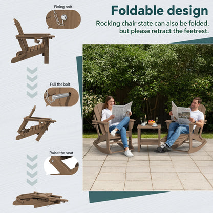 KINGYES Folding Adirondack Rocker Chair Set of 2 W/ Footrest & Dual Cup Holders, HDPE Outdoor Patio Rocking Chair, Black