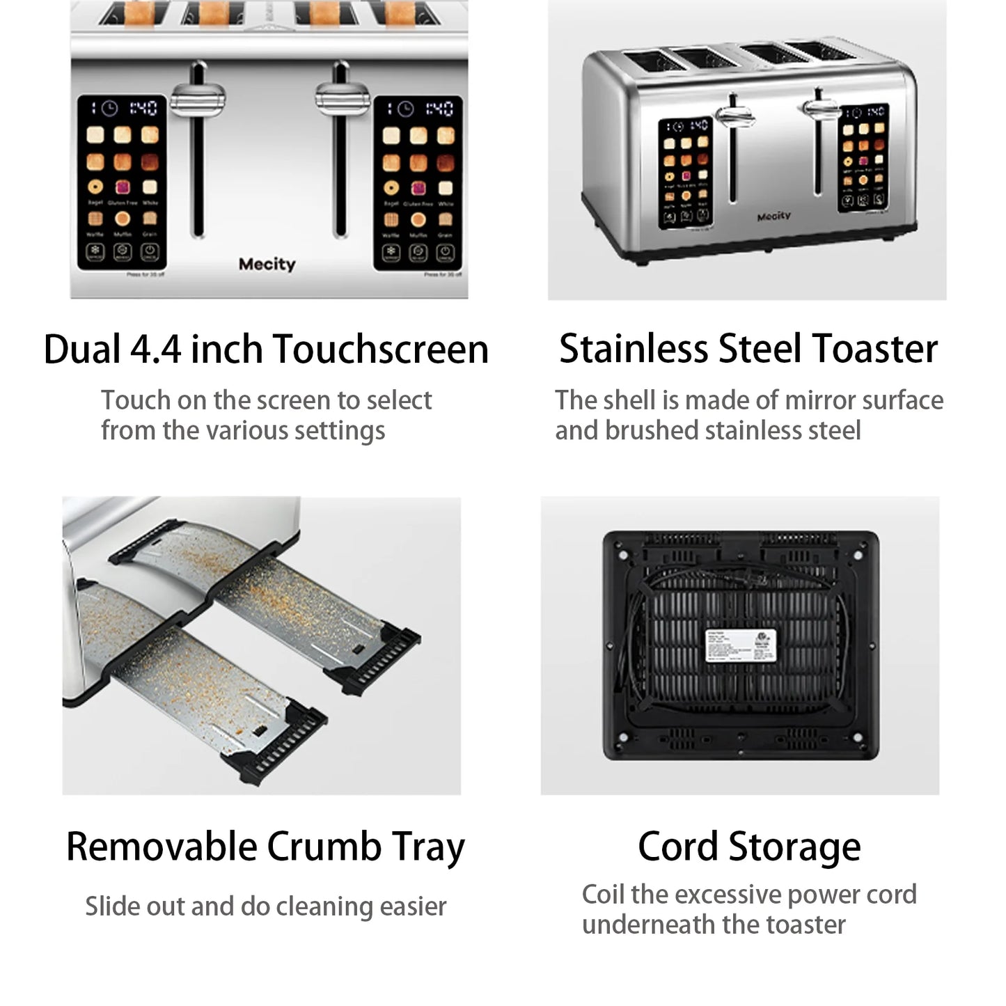 Mecity 4-Slice Touchscreen Toaster, Stainless Steel, 6 Browning Settings, Reheat, Cancel, Defrost, Removable Tray