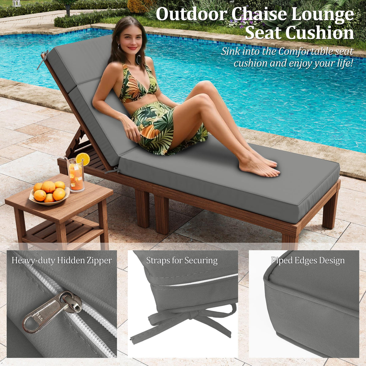 Kimunuk Outdoor Chaise Lounge Cushions set of 2, 80" x 26" x 4" Waterproof Pool Beach Recliner Replacement Cushions with Ties, Navy