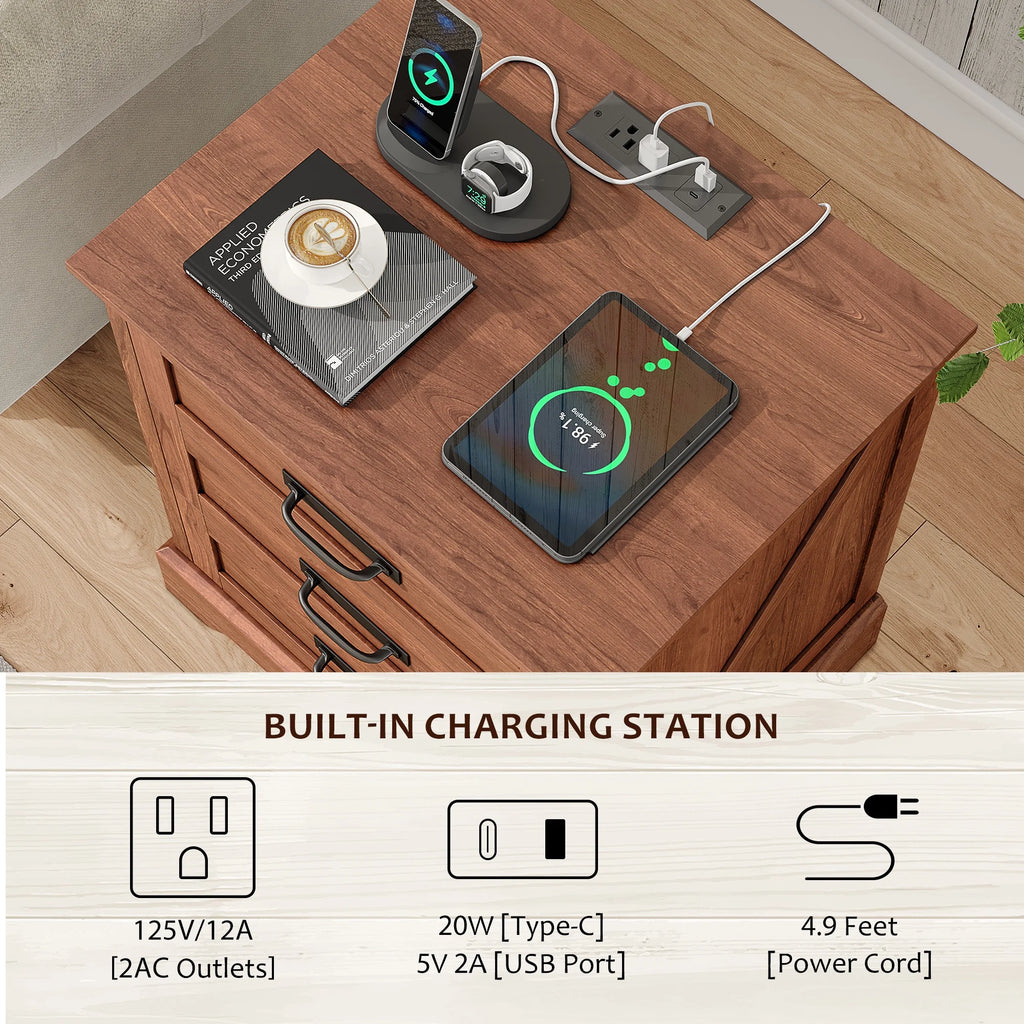 Farmhouse Nightstand Set of 2, 22 inch Side Table with Charging Station for Bedroom, 2PCS, White