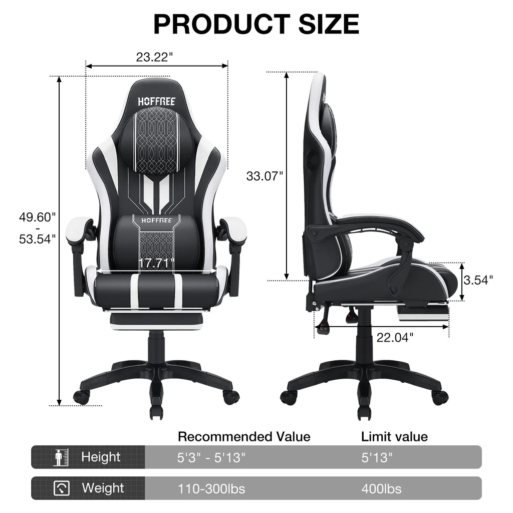 HOFFREE Big and Tall Gaming Chair with Speakers and RGB Lights, Gamer Chair with Footrest, Lumbar Support Height Adjustable 360-Swivel Seat and Headrest for Adults, 400lbs