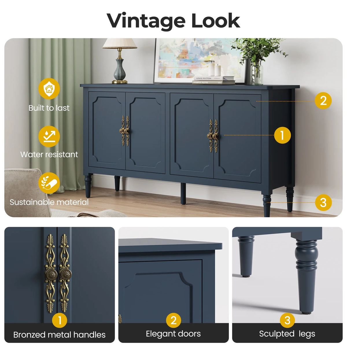 May in Color Console Cabinet, 58'' Wood Sideboard Buffet Cabinet with Storage & 4 Doors, Mid Century Modern Pantry Cabinet for Entryway, Living Room, Bedroom, Dining Room, Green