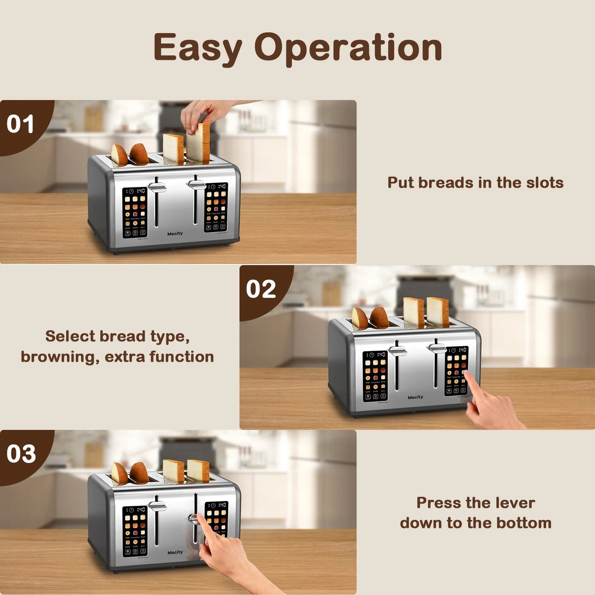 Mecity 4-Slice Touchscreen Toaster, Stainless Steel, 6 Browning Settings, Reheat, Cancel, Defrost, Removable Tray