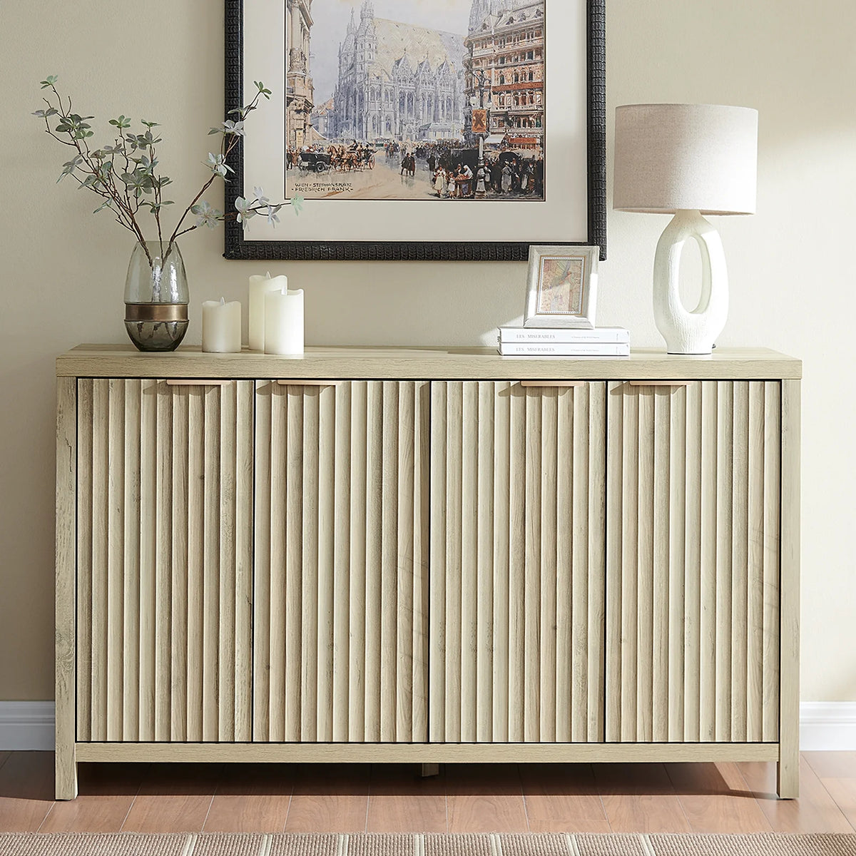 OAKHAM Fluted Sideboard Buffet Cabinet with 4 Doors, Storage Credenza with Adjustable Shelves, Modern Accent Cabinet Console, Sunwashed Ash Oak