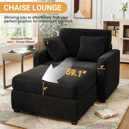 LUMIHO Chaise Lounge Chair Indoor, 42" Sleeper Chair with Two Throw Pillows and Armrests, Corduroy Chaise Couch Chair with Ottoman for Living Room, Bedroom, Apartment, Green