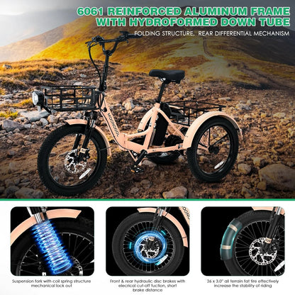 ABORON 3.0 Fat Tire Electric Trike for Senior Foldable E-Bike, 500W Motorized Tricycle Adult 20" Folding 3 Wheel Electric Commute Bike Trike w/48V Battery and Storage Baskets,