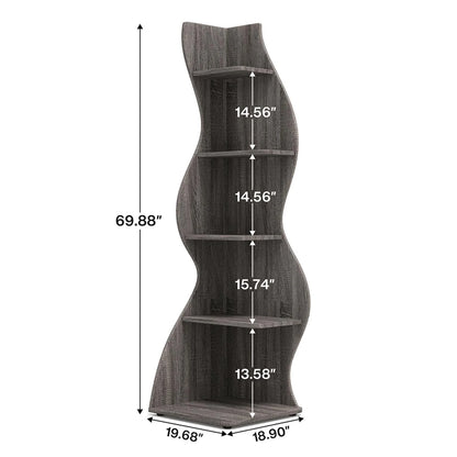 Finihen 5-Tier Corner Bookcase, Wood Bookshelf Storage Organizer, 70" Tall Display Standing Shelf Unit for Bedroom, Living Room, Green