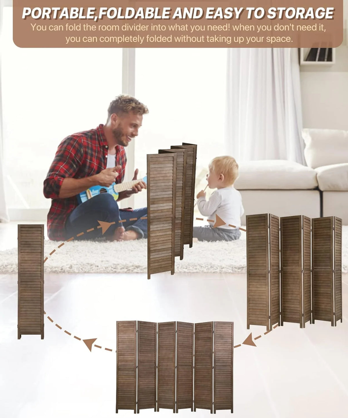 Dkelincs 6 Panel Wood Room Divider Folding Privacy Screen 5.75 Ft Freestanding Partition Wall Divider, Brown
