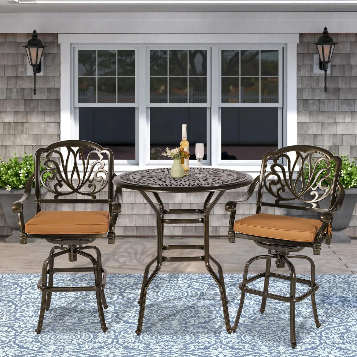 VIVIJASON 35.2" Patio Height Bar Table, All-Weather Cast Aluminum Bar Bistro Table Outdoor Patio Round Dining Table with Umbrella Hole for Balcony, Lawn, Garden, Backyard, Antique Bronze