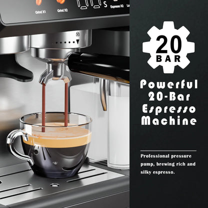 Bluebow All-in-One Espresso Machine with Grinder, 20-Bar Automatic Coffee Maker, Built-in Milk Frother for Latte & Cappuccino, Single/Double Shot