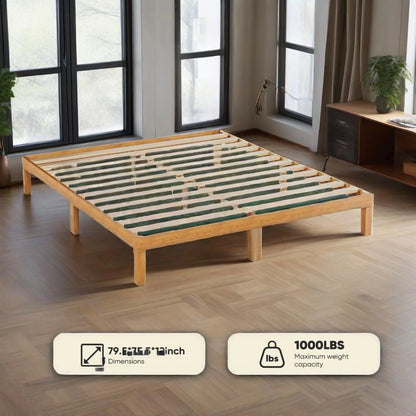 MCQ Full Size Wood Bed Frame, 12in Wooden Platform Bed Frame with Support Slats, No Spring Needed, Storage Space Under Base, Natural Pine