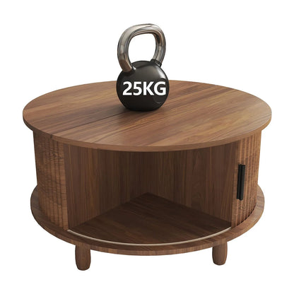 RUMLIVE Round Coffee Table with Storage, 30.7" Modern Coffee Table with 360�� Curved Sliding Door, Fluted Wood Coffee Table with Footpads, Round Center Table for Living Room, Black