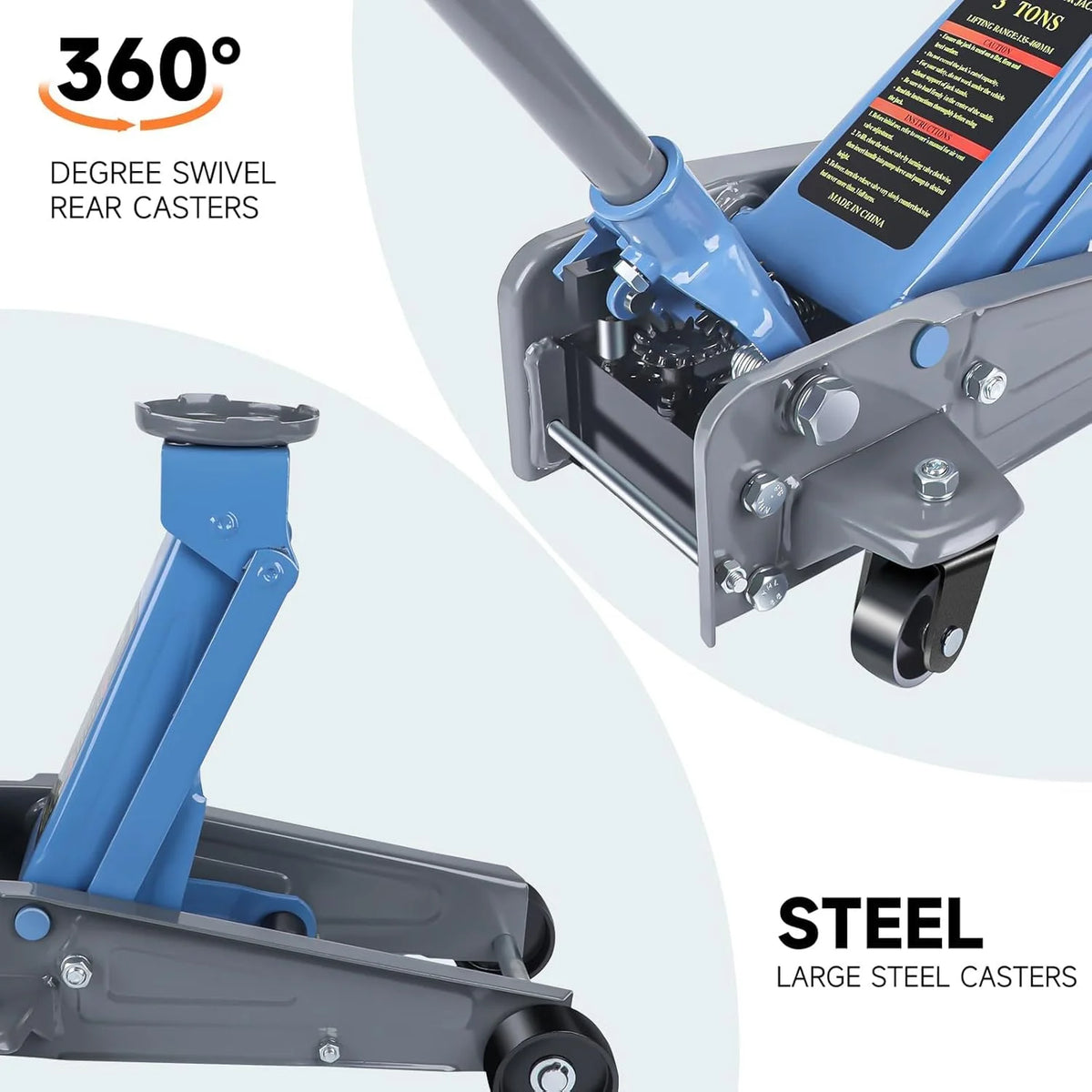 3 Ton Heavy Duty Floor Jack, Fast Lift & Stable Support, Carbon Steel Automotive Jack with Wheels, Max Lift 18.15" for Car and Truck Repair, Blue