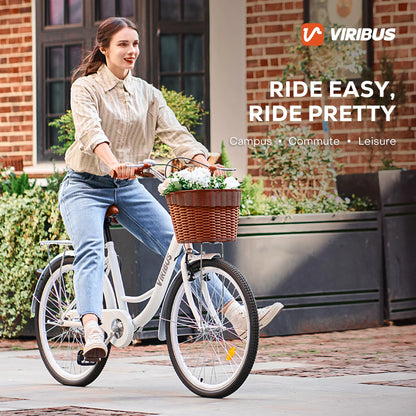 Viribus Women's Comfort Bike 24 inch Beach & City Cruiser Bicycle with Basket Rack White
