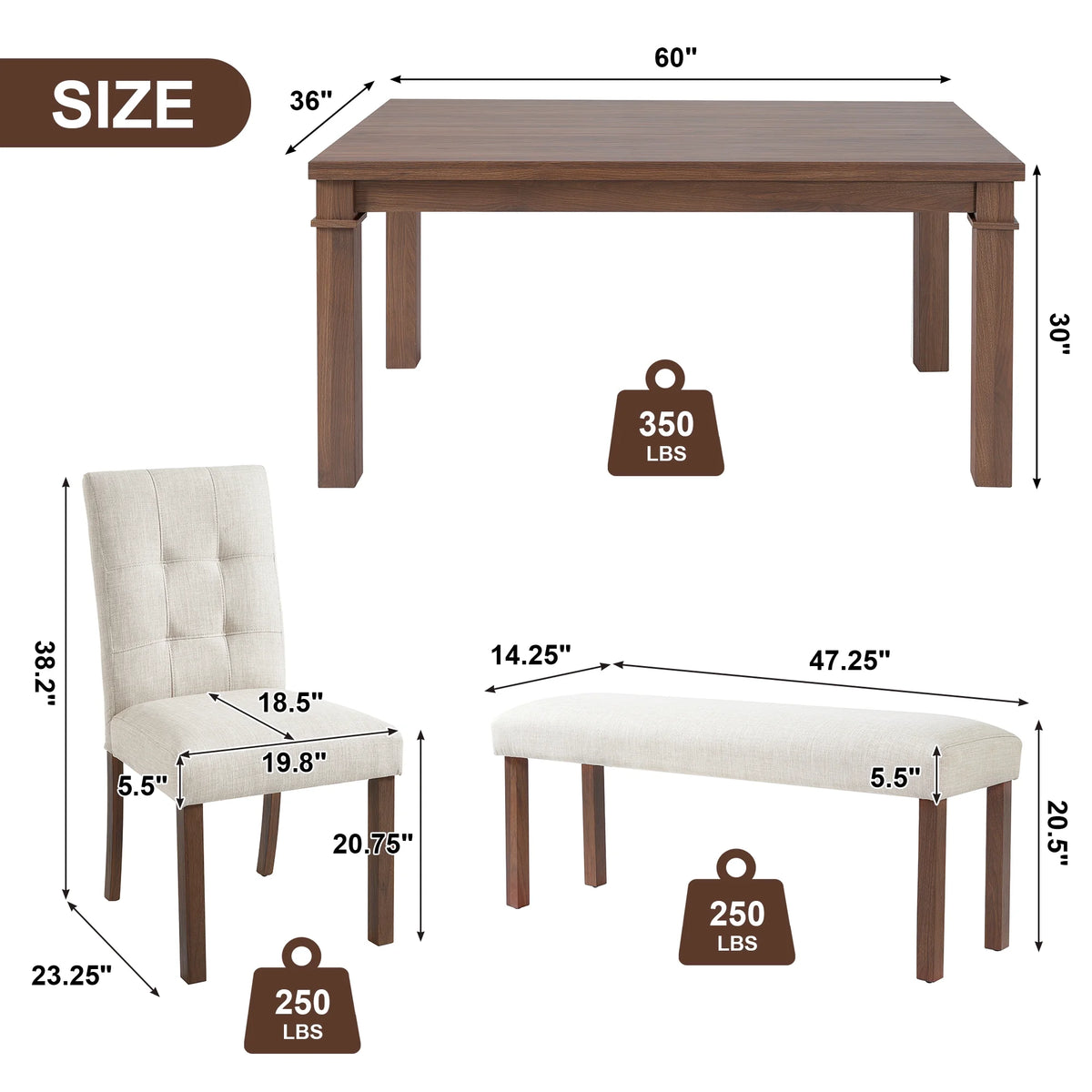 Euroco 6-Piece Wood Dining Table Set for 6, Modern Rectangular Kitchen Table with 4 Upholstered Chairs & Bench for Kitchen Dining Room,Walnut