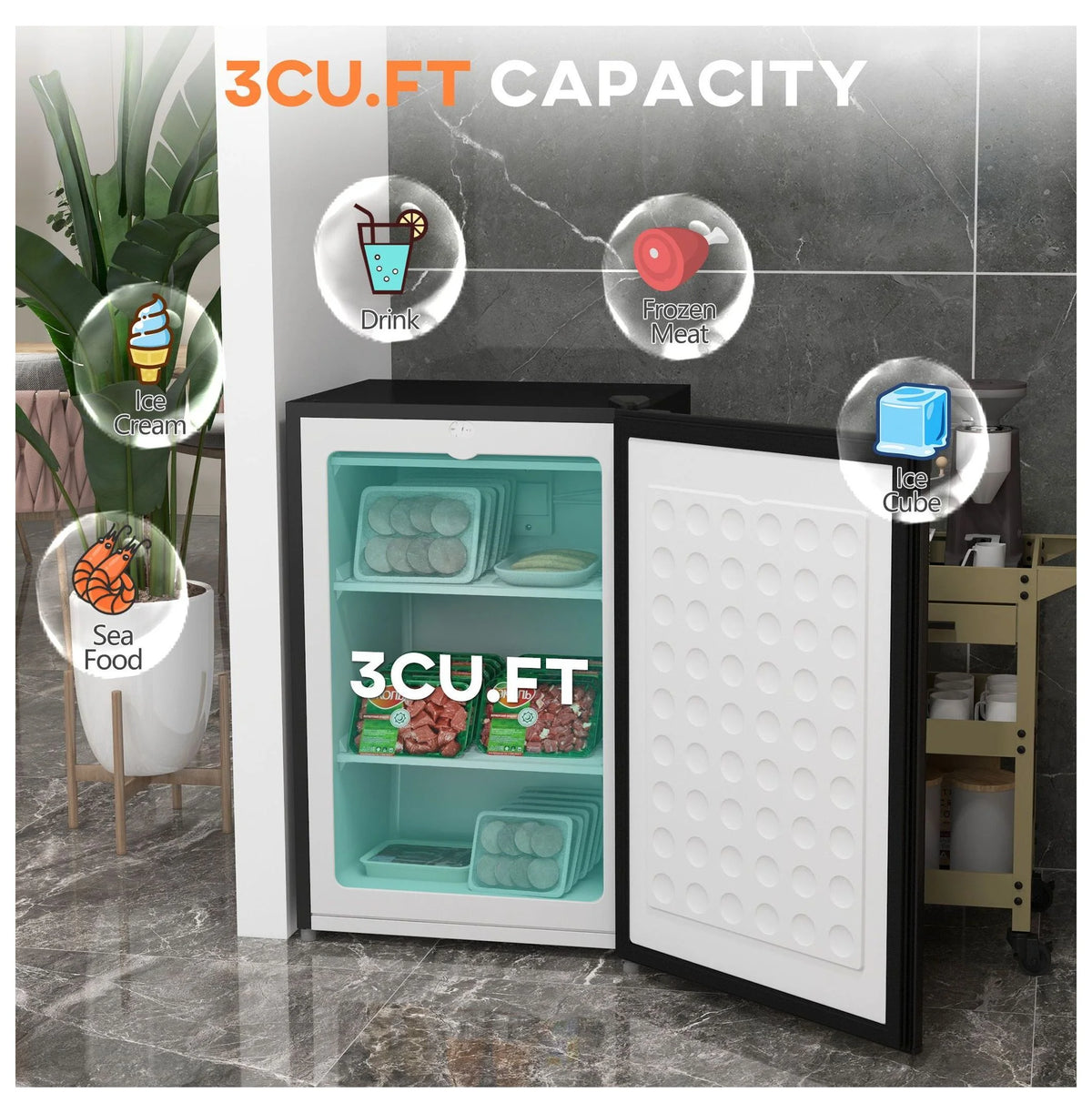 3 Cu Ft Upright Freezer - Black Mini Freezer with Adjustable Thermostat & Reversible Door for Apartment, Dorm, Office
