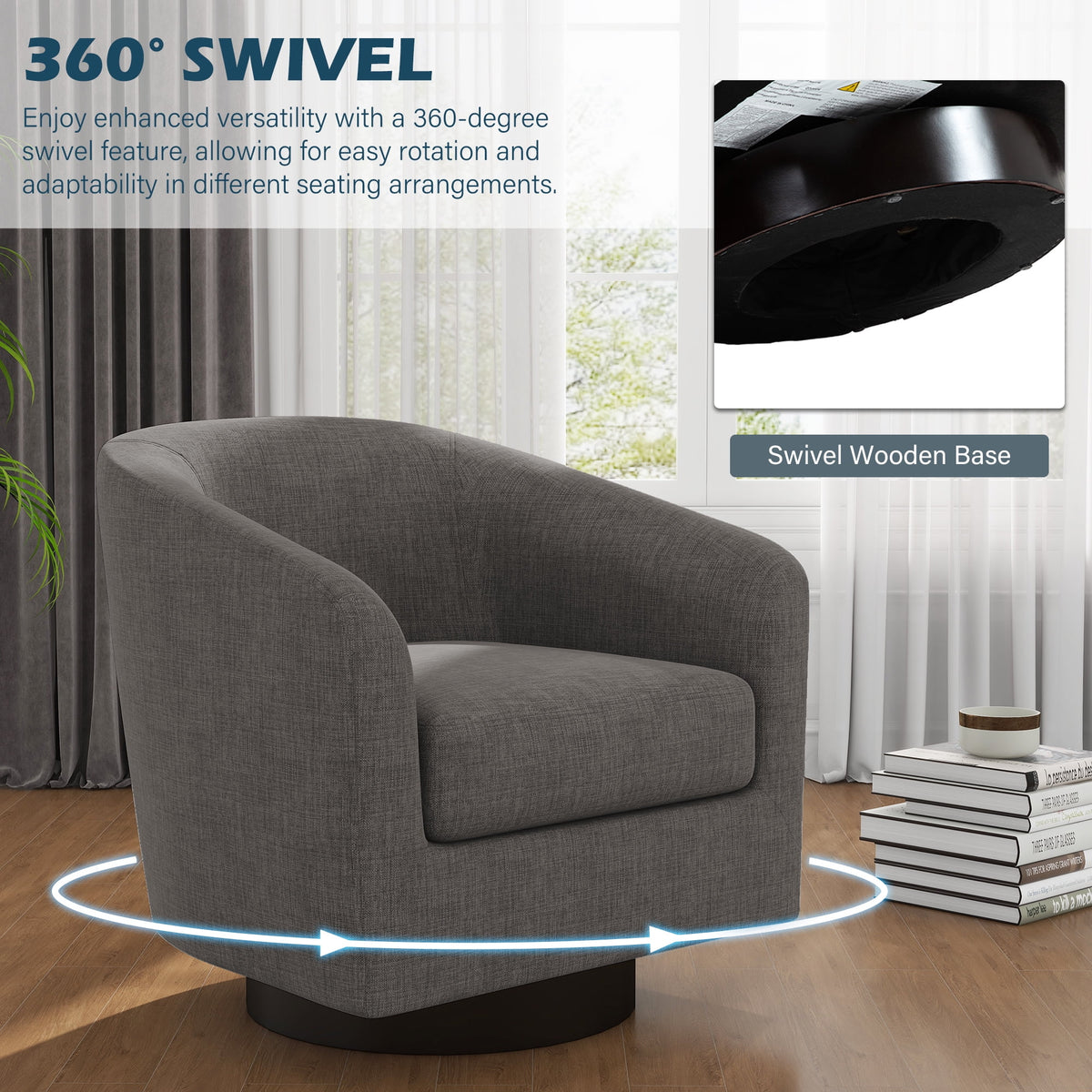 UIXE Swivel Accent Chair, Upholstered Fabric Barrel Chair for Living Room, Small Single Sofa Bedroom Reading Seat, Light Gray