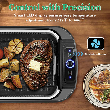 Techwood Indoor Smokeless Grill, 1500W, Black, Electric Portable Korean BBQ Grill with Tempered Glass Lid