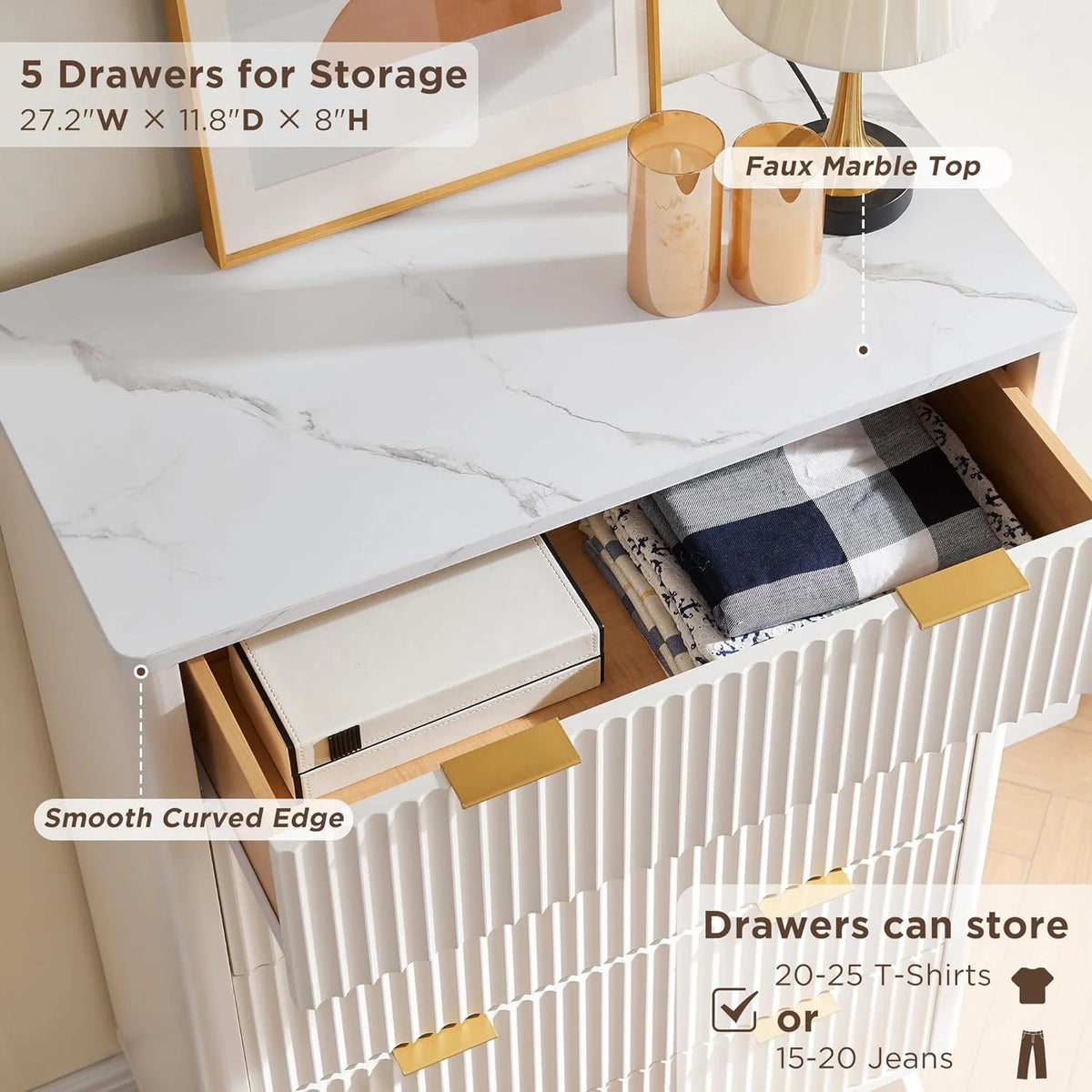 OKD 6 Drawer Dresser for Bedroom with Faux Marble Top, Modern Wood Chest of Drawers, Dresser Organizer, Natural Oak