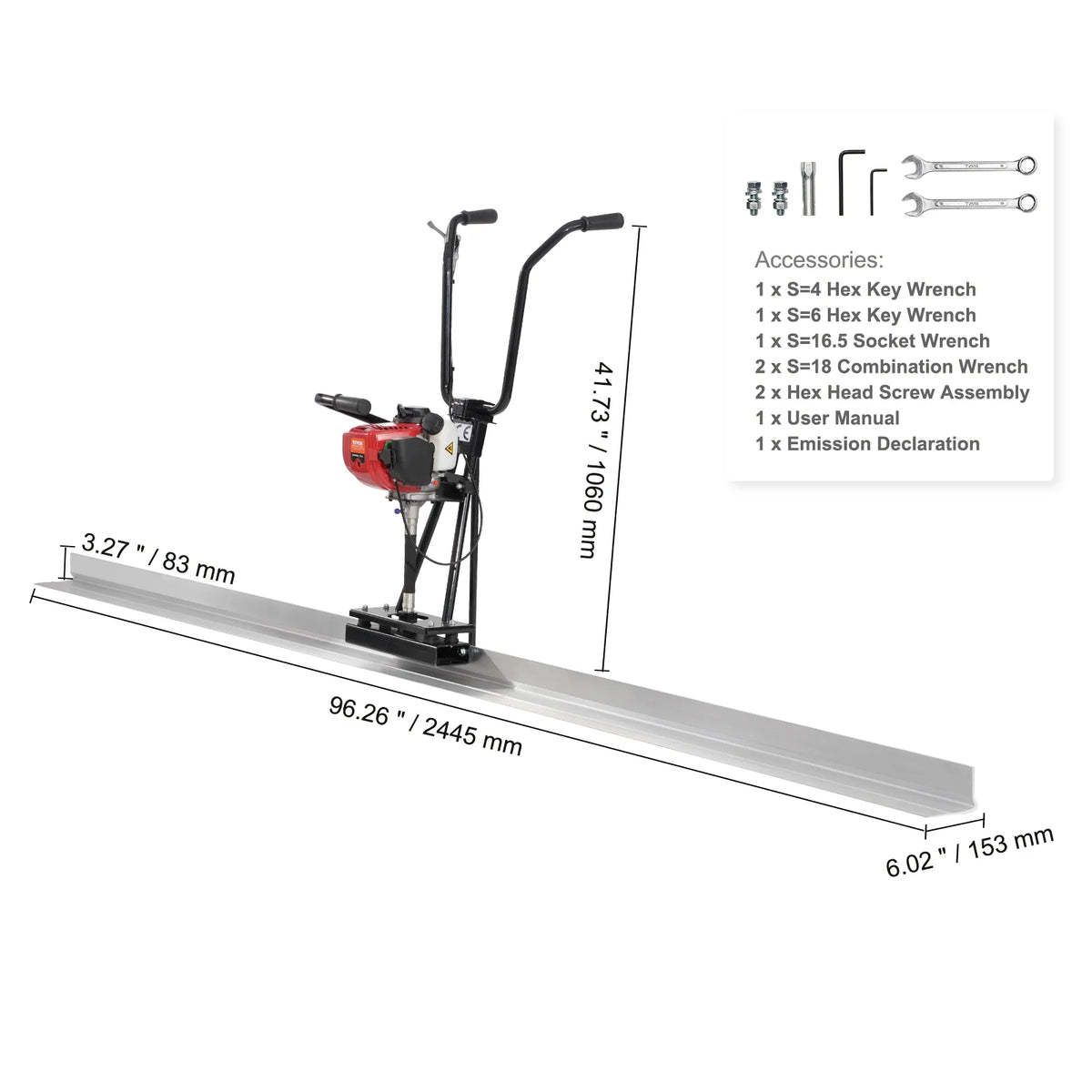 VEVOR Gas Concrete Power Screed, 8ft Aluminum Board Straight Edge Bar Set, 4 Stroke Cement Finishing Vibrating Motor with Height Adjustable Handles, High Efficient Concrete Tools 6500RPM