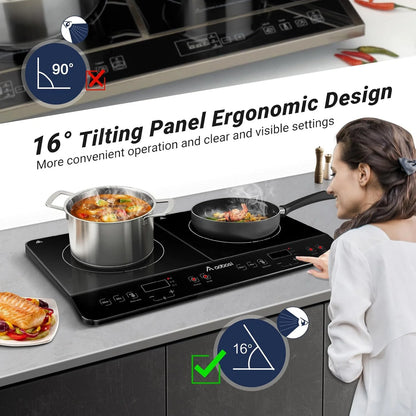 Aobosi Double Induction Cooktop with 2 Burners, 1800W Electric Stove Cooktop with Sensor Touch, 10 Temperature 9 Power Settings