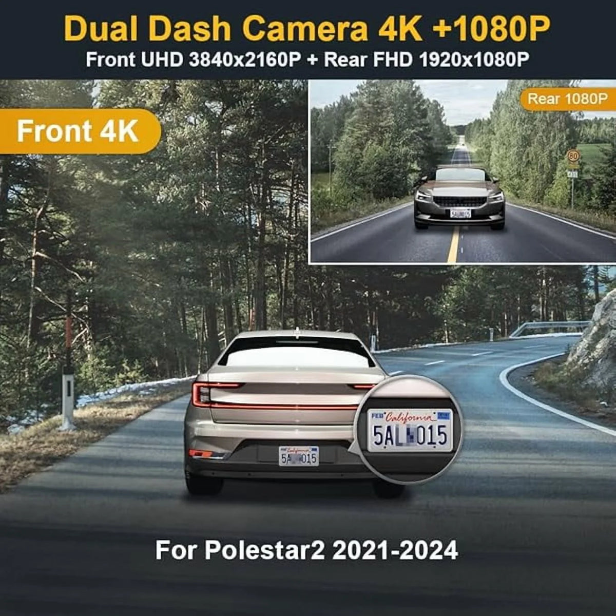 Fitcamx 4K Dash Cam Compatible with Polestar 2 2021 2022 2023 2024, Integrated OEM Style, Ultra HD 2160P Video, Built-in WiFi & APP, Plug & Play, 64GB Card