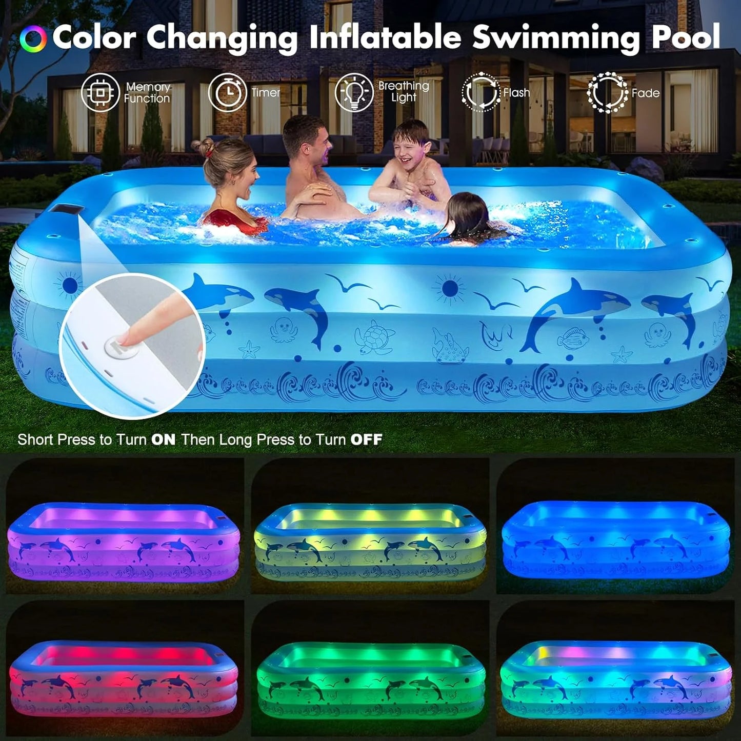 2025 Upgrade Inflatable Pool with Lights,  Powered Family Swimming Pool for Kids & Adults,  Thickened Backyard Pool - Blue