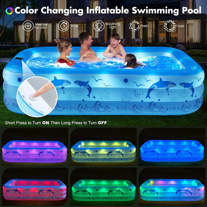2025 Upgrade Inflatable Pool with Lights,  Powered Family Swimming Pool for Kids & Adults,  Thickened Backyard Pool - Blue