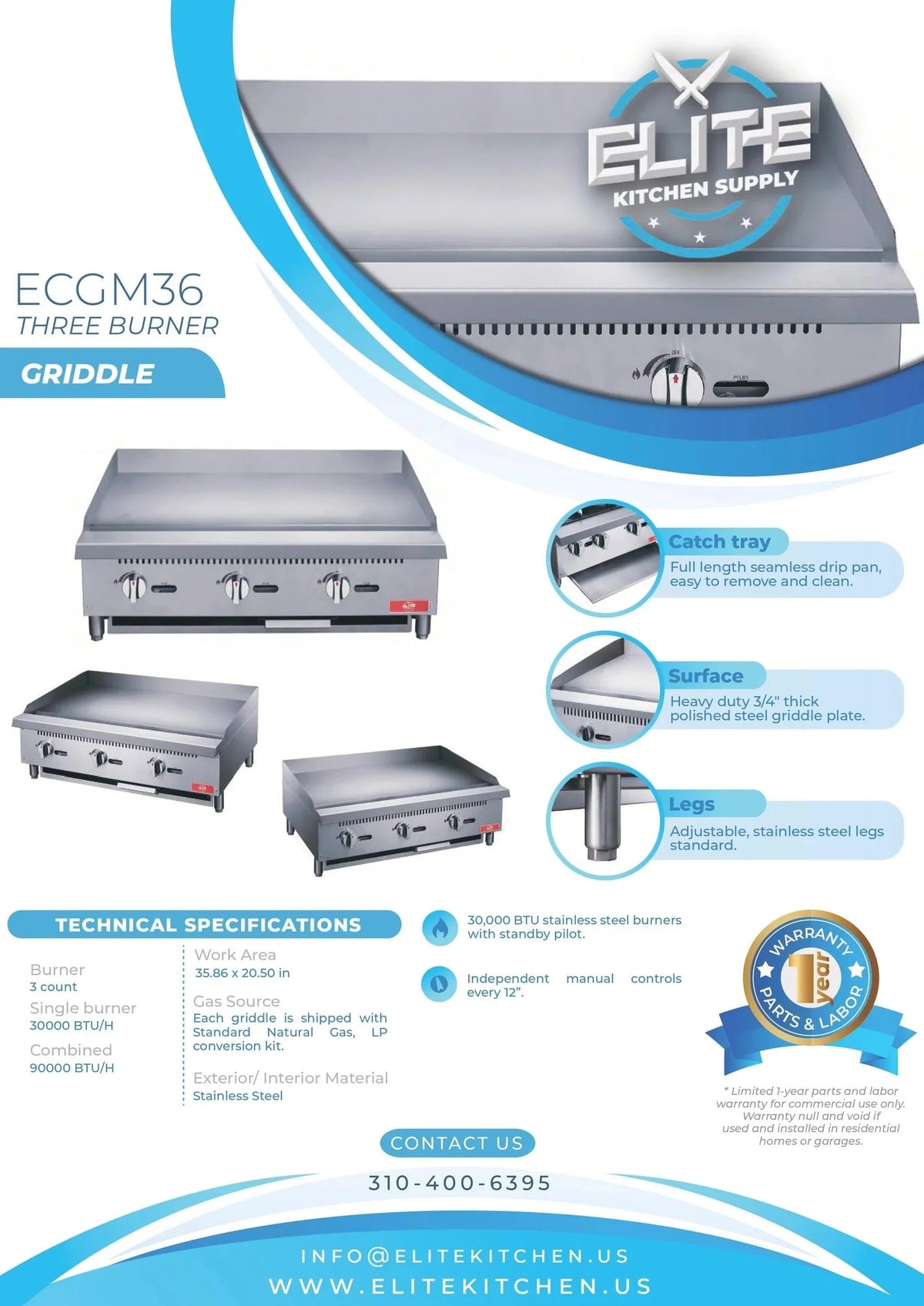 Elite Kitchen Supply 3-Burner 36" Griddle with Liquid Propane Conversion Kit