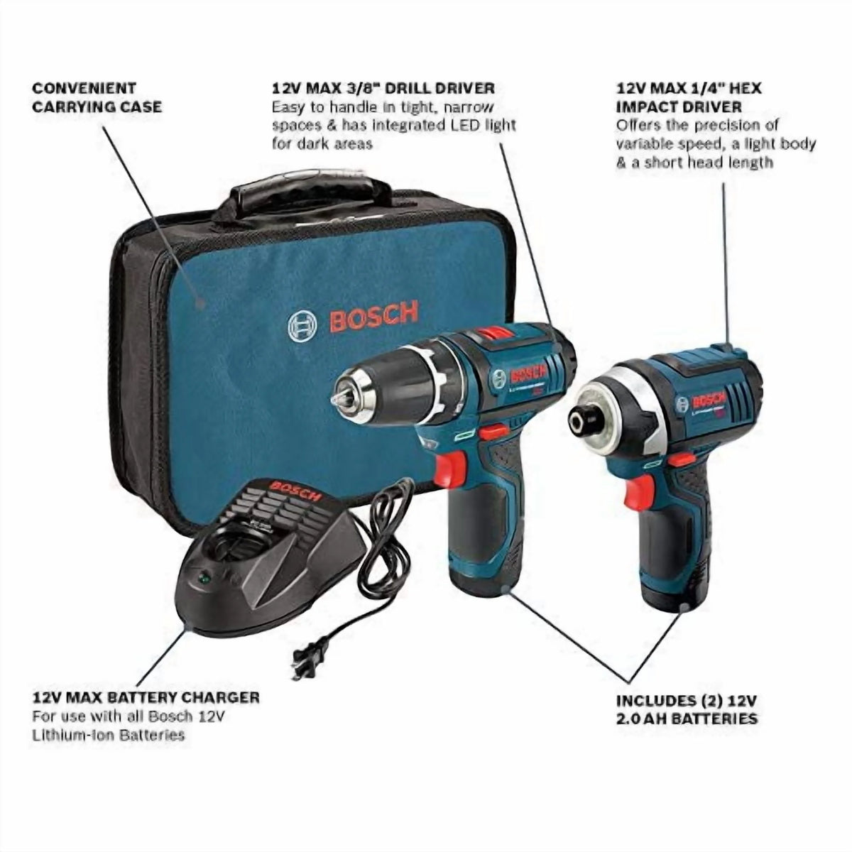 Bosch CLPK22-120 12V Cordless Lithium-Ion 3/8 in. Drill Driver and Impact Driver Combo Kit