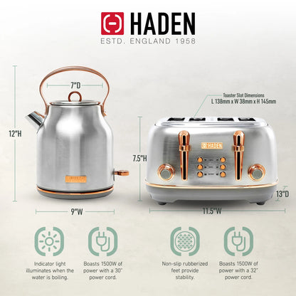 Haden Heritage 1500 1.7 Electric Kettle, Matte Black Finish with Copper Accents