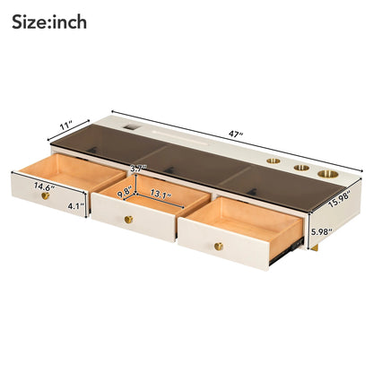 GO 47" Floating Shelf with Drawer, Multi-Purpose Wall-Mounted Vanity Table, Mounted Desk, Floating Table for Bedroom, Bathroom, Hairdressers, White and Golden