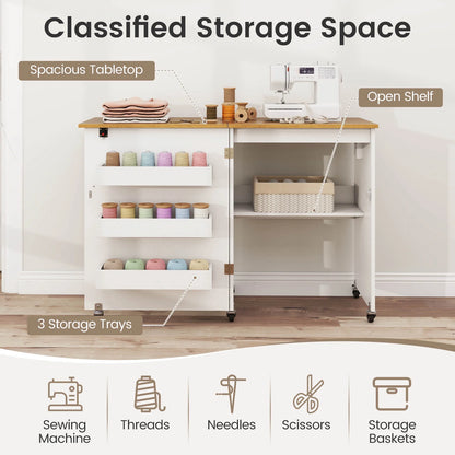 Costway Folding Sewing Table Rolling Craft Station with 3 Storage Bins & Charging Station White+natural