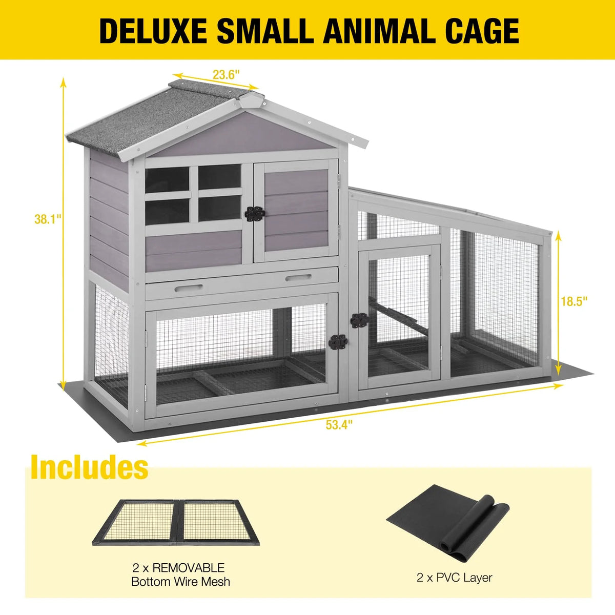 Aivituvin Rabbit Hutch Outdoor Indoor Bunny Cage with Pull Out Tray, Upgraded Chicken Coop with Removable Wire Mesh Bottom, Gray