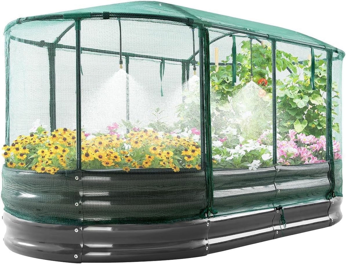 Quictent 8x3x1 ft Galvanized Raised Garden Bed Kit with Self Watering System and Mesh Cover, Large Oval Metal Outdoor Planter Garden Boxes for Vegetables Herbs Flowers