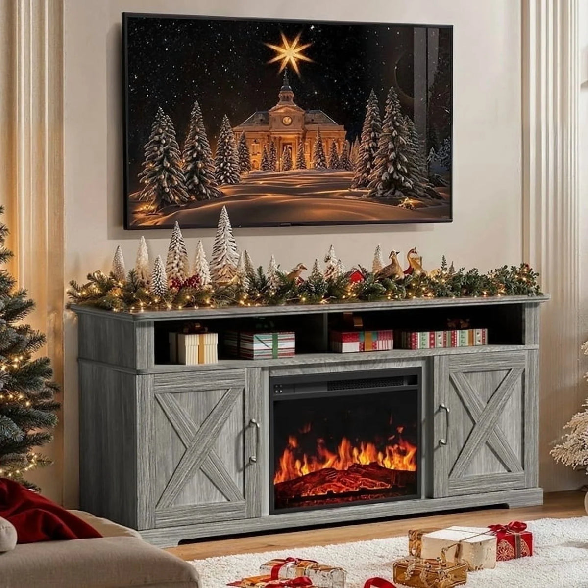 Electric Fireplace TV Stand for TVs up to 75", Farmhouse Entertainment Center with Fireplace, Grey